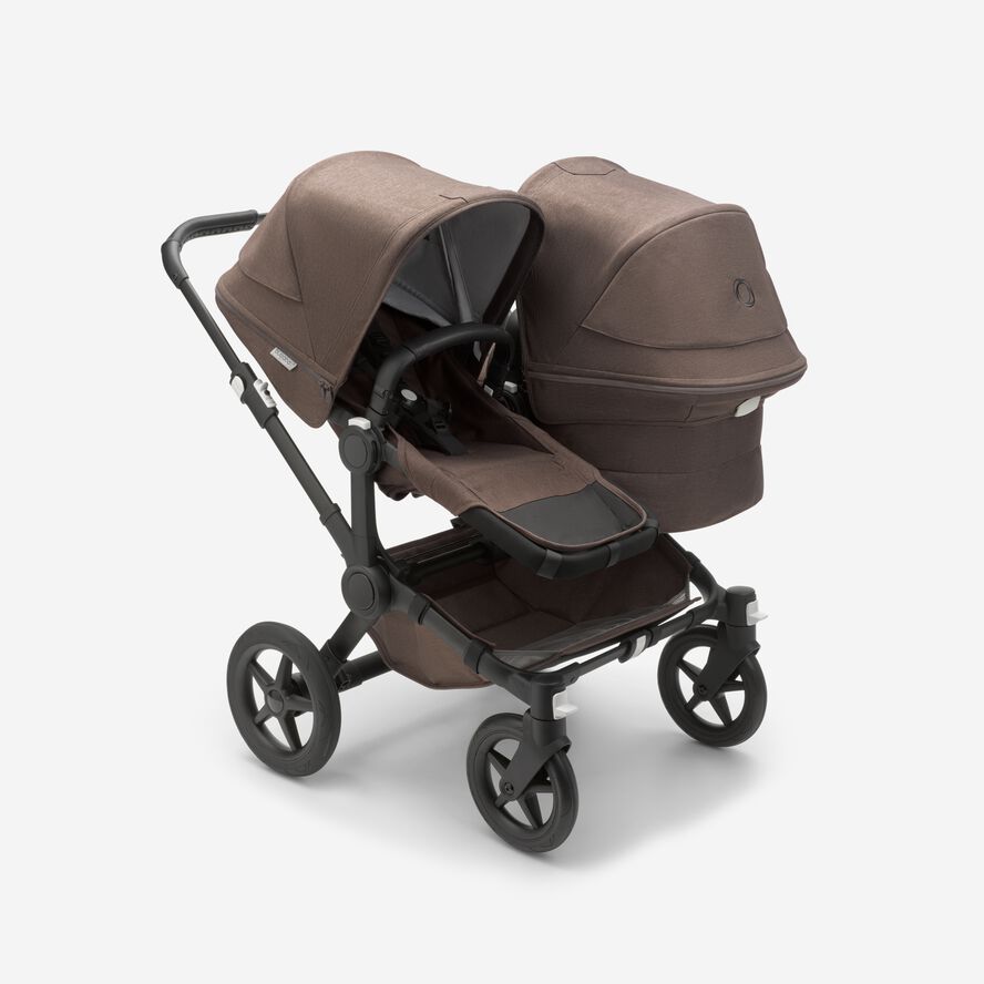 Bugaboo Donkey 5 Duo bassinet and seat stroller black base, mineral taupe fabrics, mineral taupe sun canopy