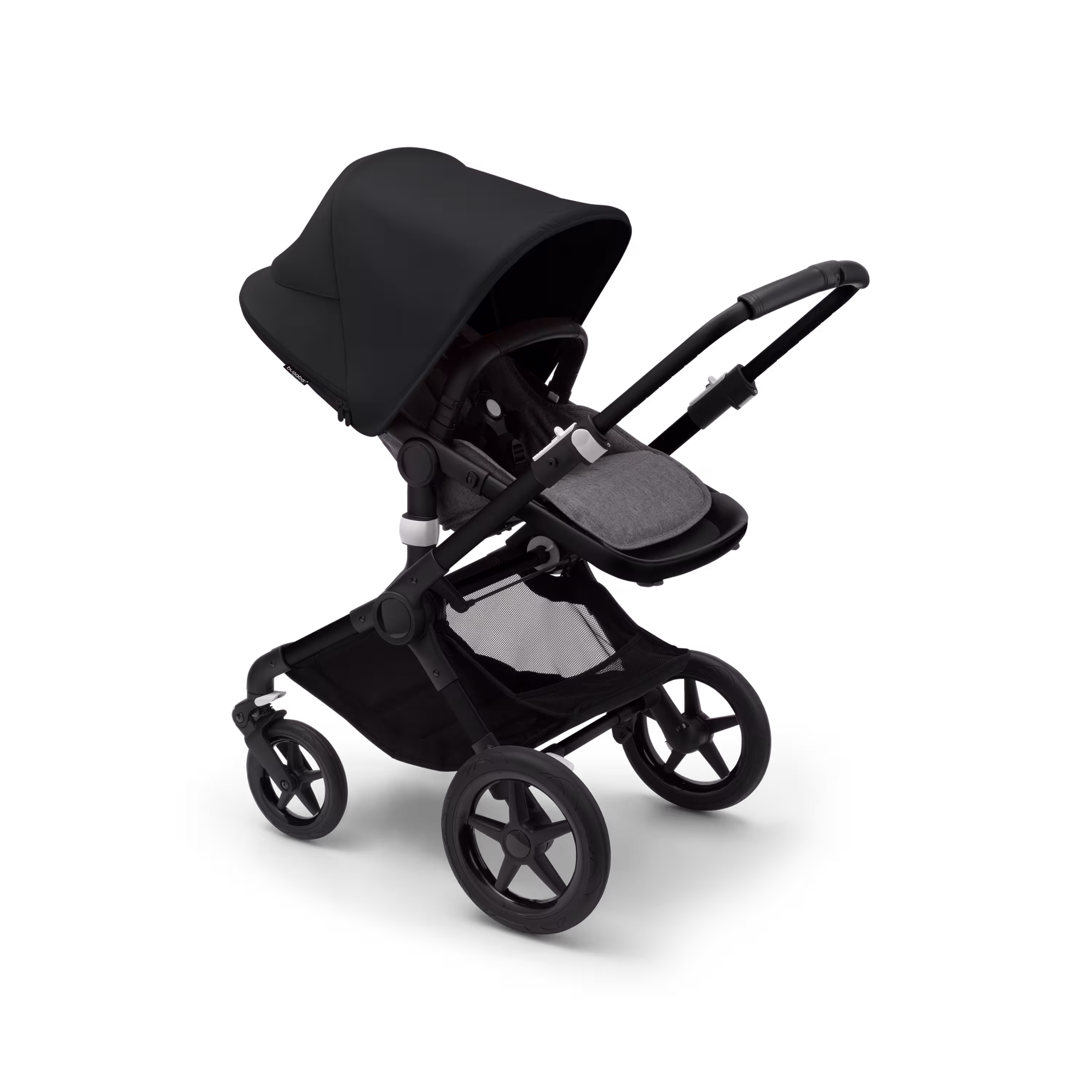 Bugaboo Fox 3 seat stroller with black frame, grey fabrics, and black sun canopy. - Main Modal Image Slide 6 of 7