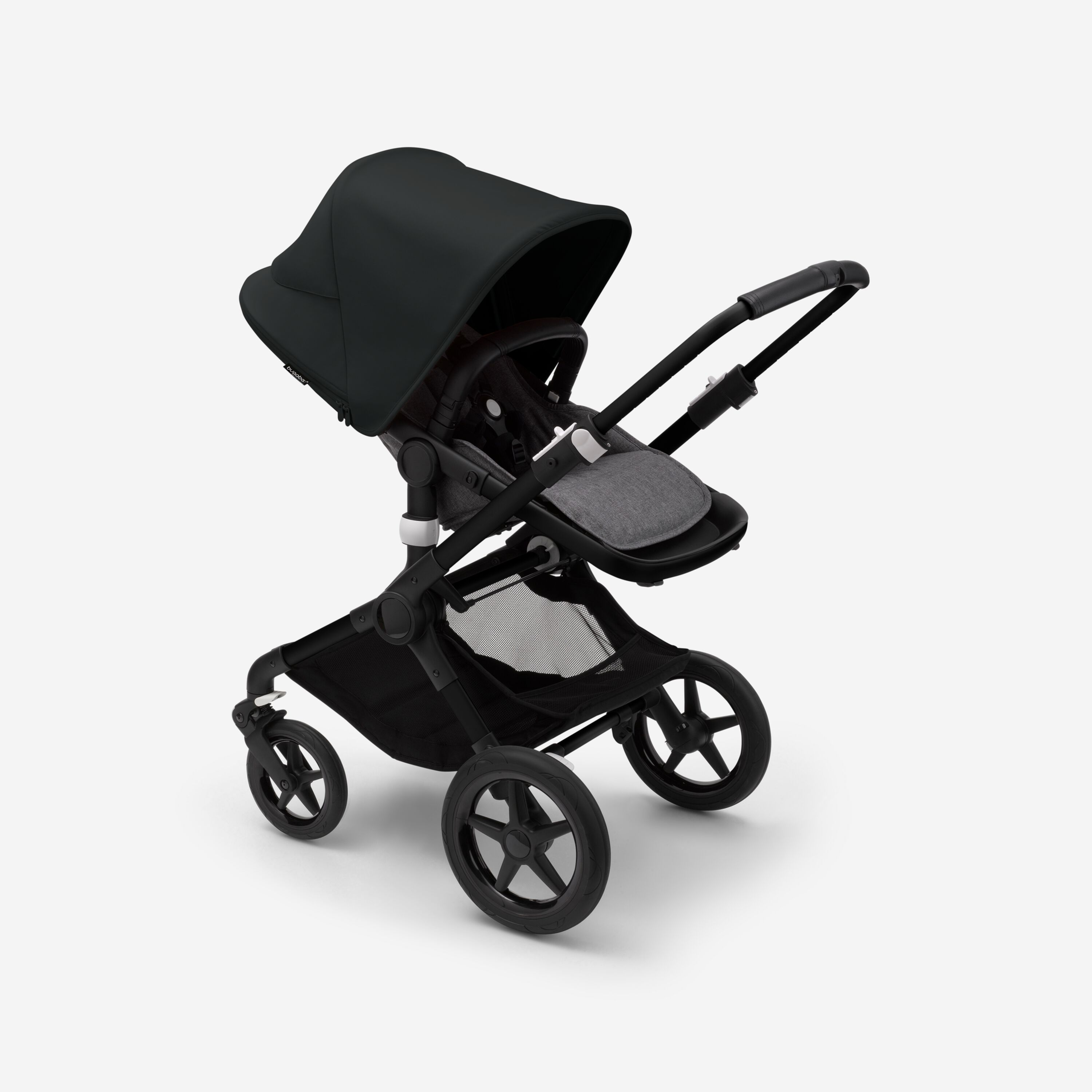 Bugaboo Fox 3 seat stroller with black frame, grey fabrics, and black sun canopy. - Main Modal Image Slide 6 of 7