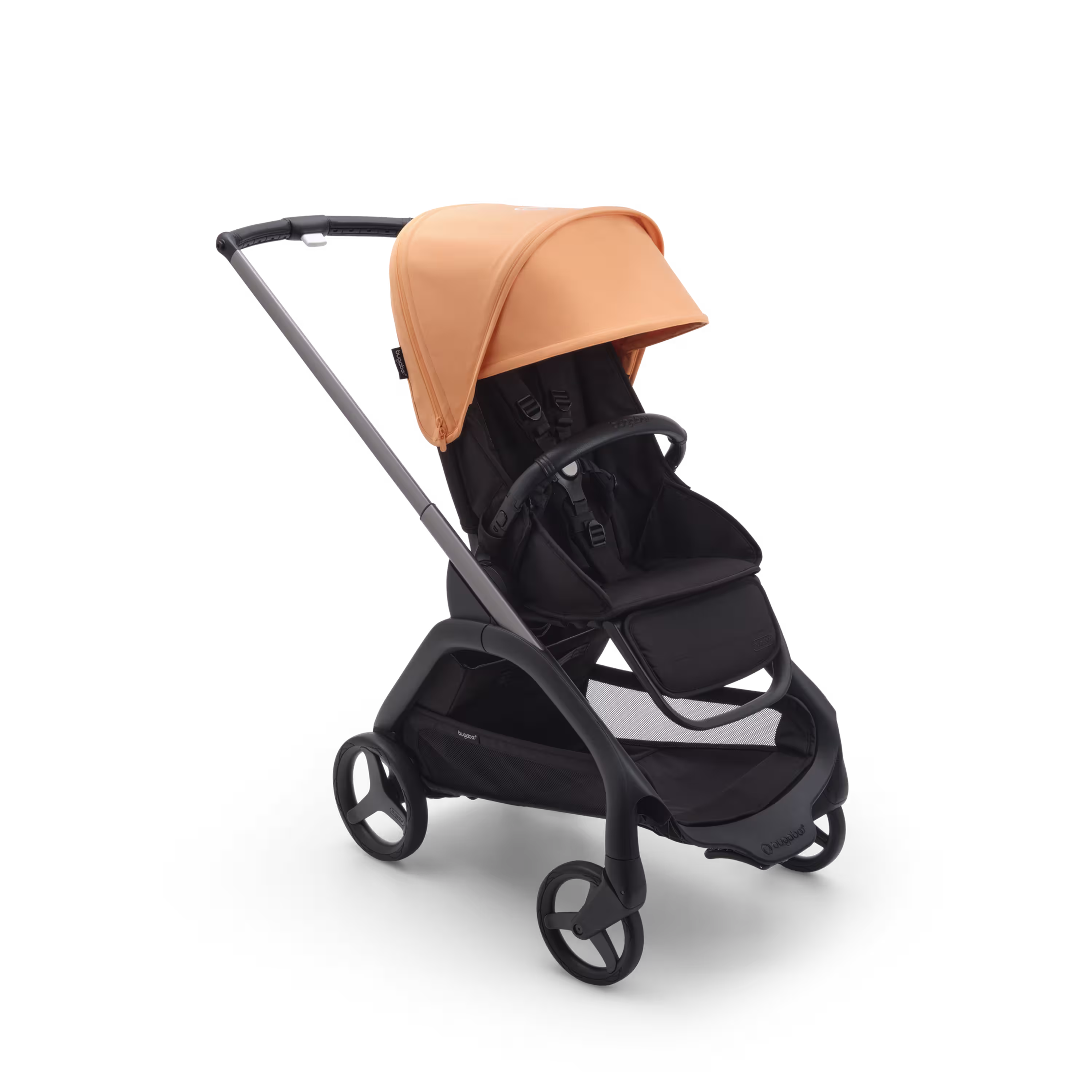 Bugaboo Dragonfly seat stroller with graphite chassis, midnight black fabrics and island coral sun canopy. - Main Modal Image Slide 1 of 16