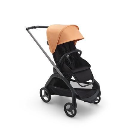 Bugaboo Dragonfly seat stroller with graphite chassis, midnight black fabrics and island coral sun canopy. - view 1