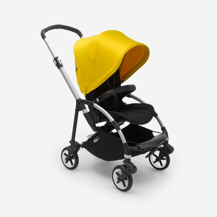 Bugaboo Bee 6 bassinet and seat stroller lemon yellow sun canopy, black fabrics, aluminium base