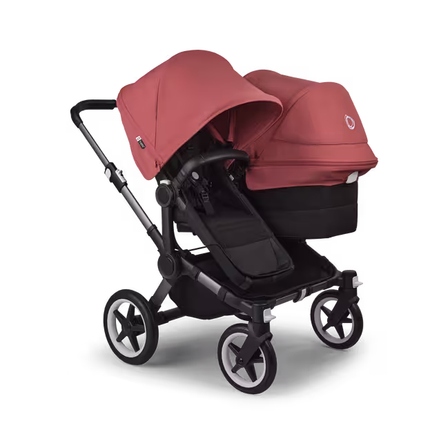 Bugaboo Donkey 5 Duo double stroller graphite base, midnight black fabrics, sunrise red sun canopy - Main Image Slide 1 of 11