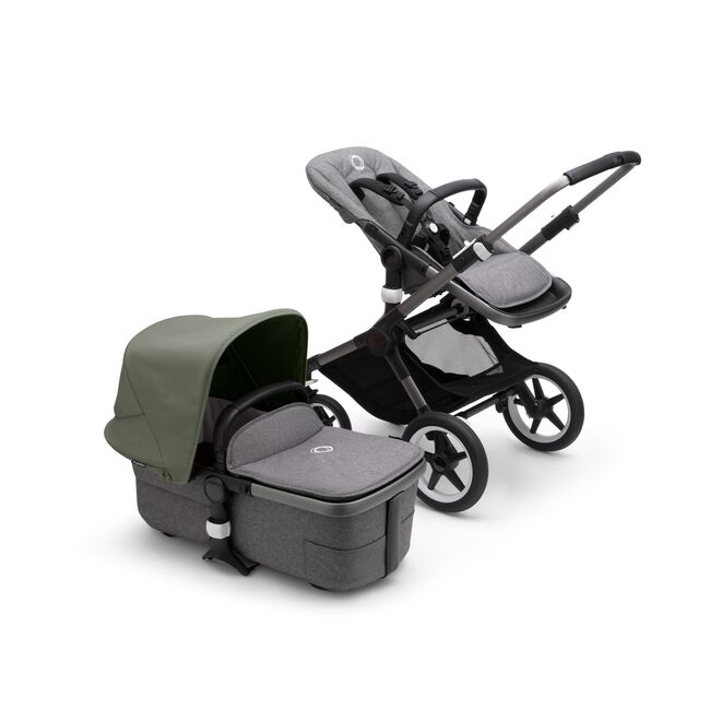Bugaboo Fox 3 carrycot and seat pushchair with graphite frame, grey melange fabrics, and forest green sun canopy. - Main Image Slide 5 of 7