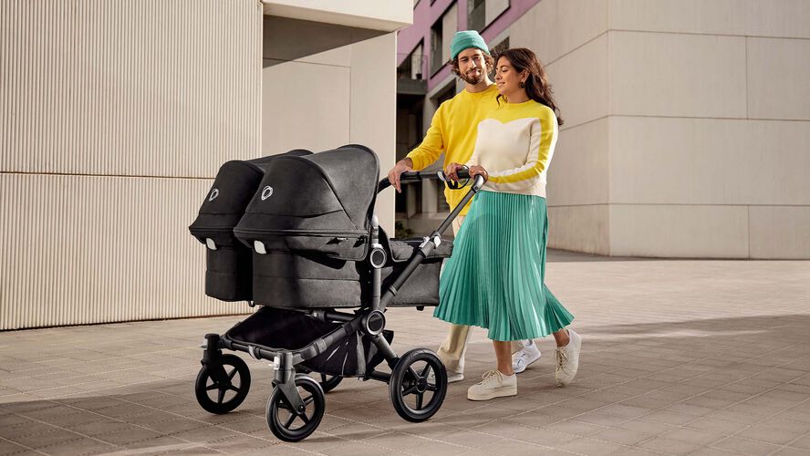 Bugaboo Donkey 5 Twin bassinet and seat stroller black base, mineral taupe fabrics, mineral taupe sun canopy