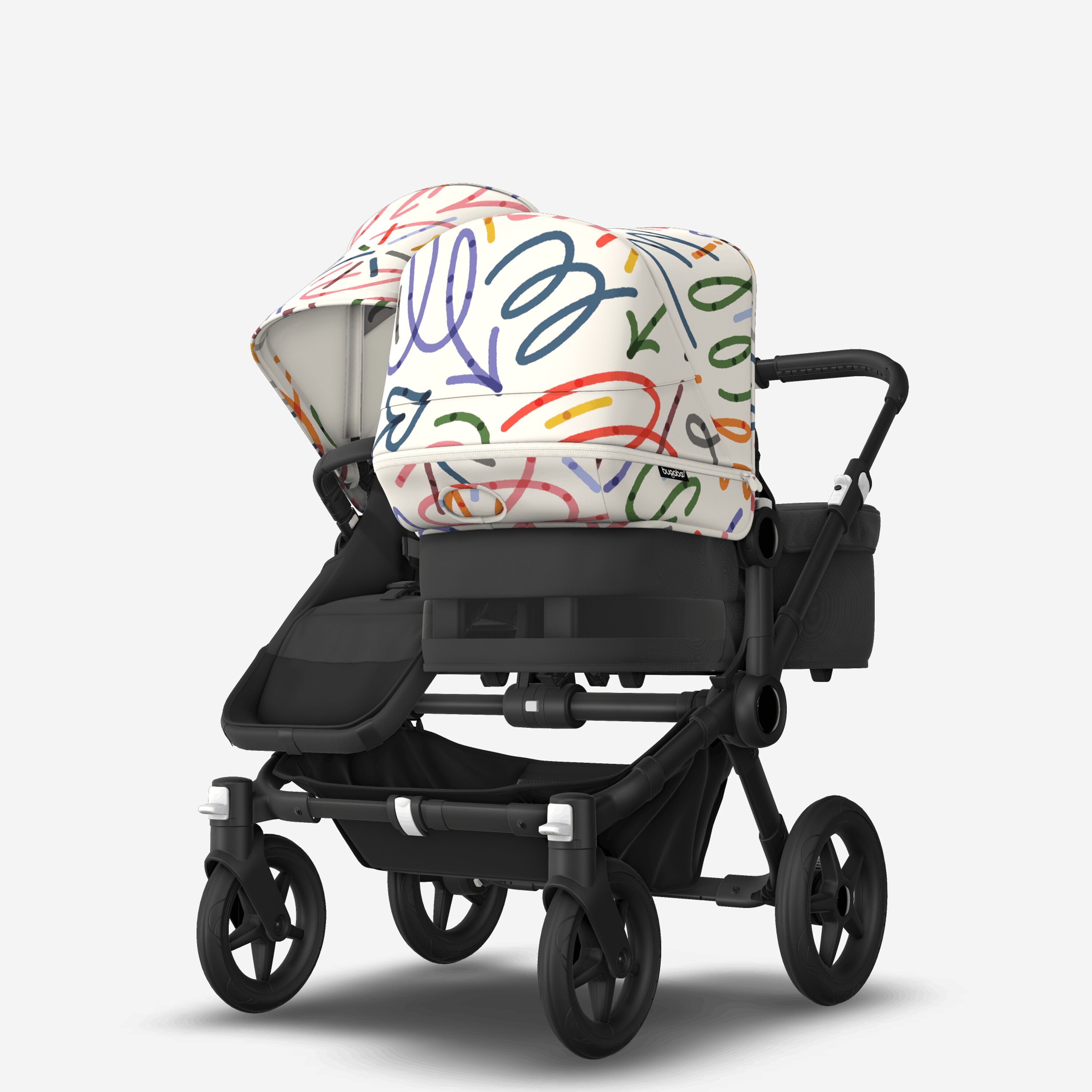 Bugaboo Donkey 5 Duo double stroller black base, midnight black fabrics, art of discovery white sun canopy - Main Modal Image Slide 3 of 10