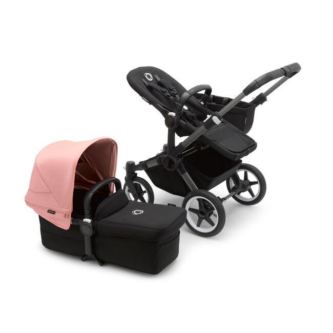 Bugaboo Donkey 5 Mono bassinet and seat stroller graphite base, midnight black fabrics, morning pink sun canopy