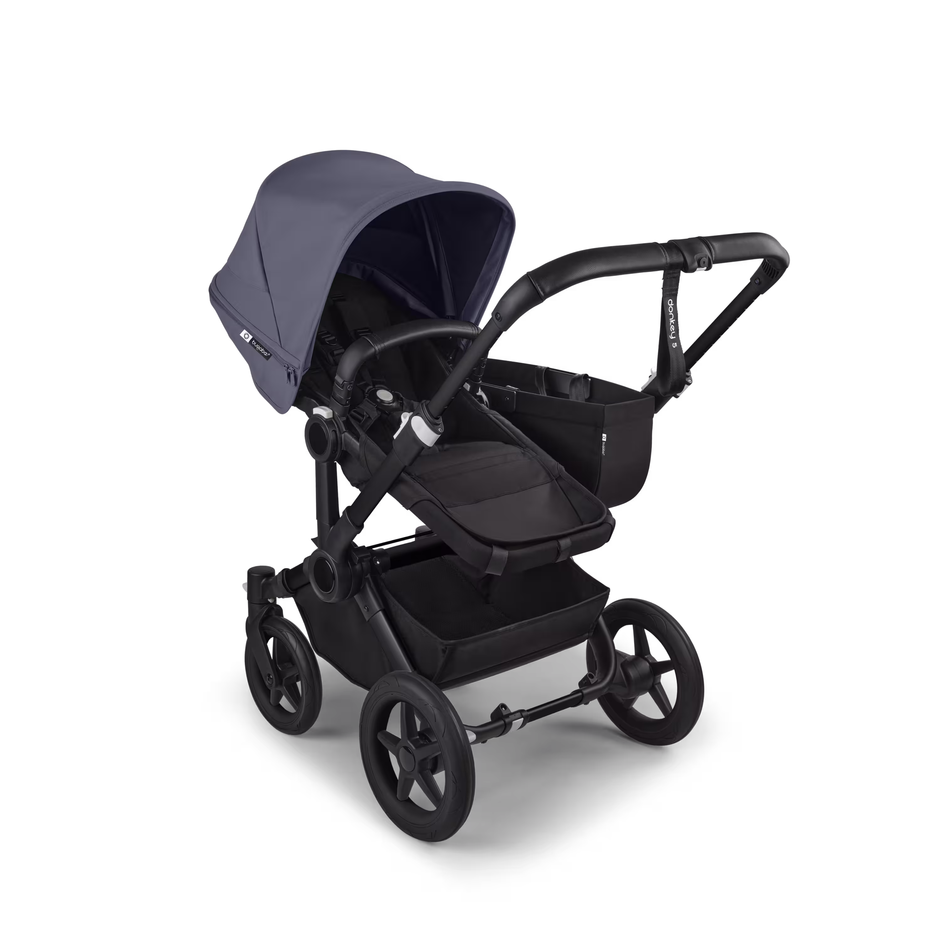 Refurbished Bugaboo Donkey 5 Mono bassinet and seat stroller black base, midnight black fabrics, stormy blue sun canopy - Main Modal Image Slide 2 of 10