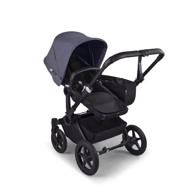 Refurbished Bugaboo Donkey 5 Mono bassinet and seat stroller black base, midnight black fabrics, stormy blue sun canopy - Main Image Slide 2 of 10