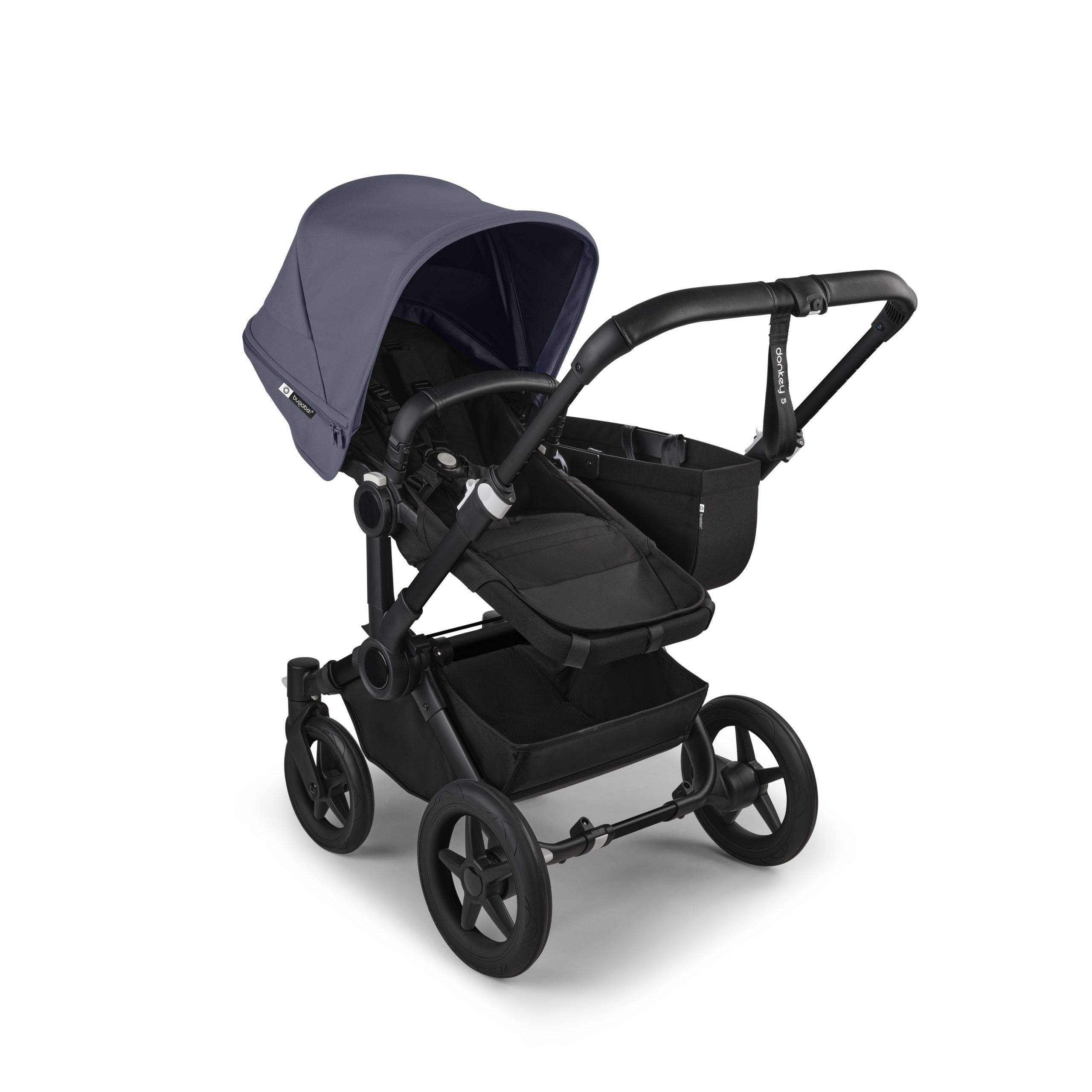 Refurbished Bugaboo Donkey 5 Mono bassinet and seat stroller black base, midnight black fabrics, stormy blue sun canopy - Thumbnail Slide 2 of 10