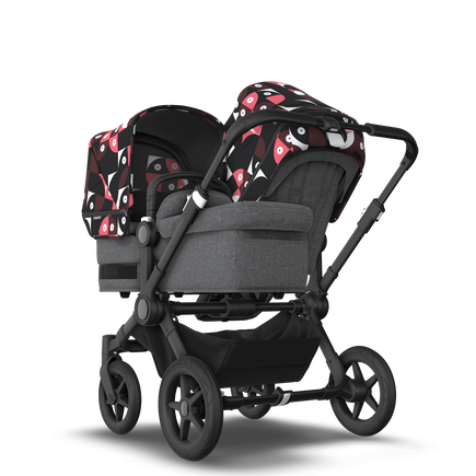 Bugaboo Donkey 5 Duo bassinet and seat stroller black base, grey mélange fabrics, animal explorer pink/ red sun canopy