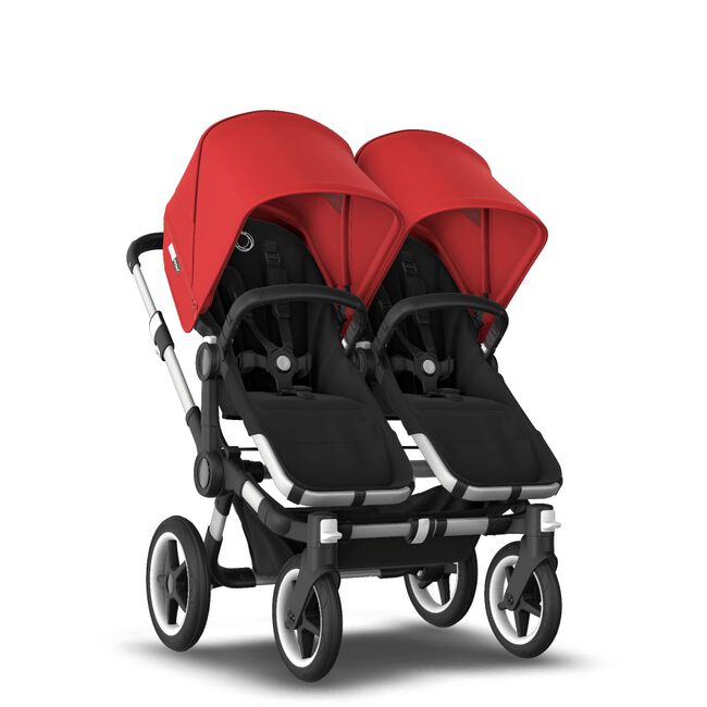 Bugaboo Donkey 3 Twin seat and bassinet stroller red sun canopy, black fabrics, aluminium base - Main Image Slide 5 van 9
