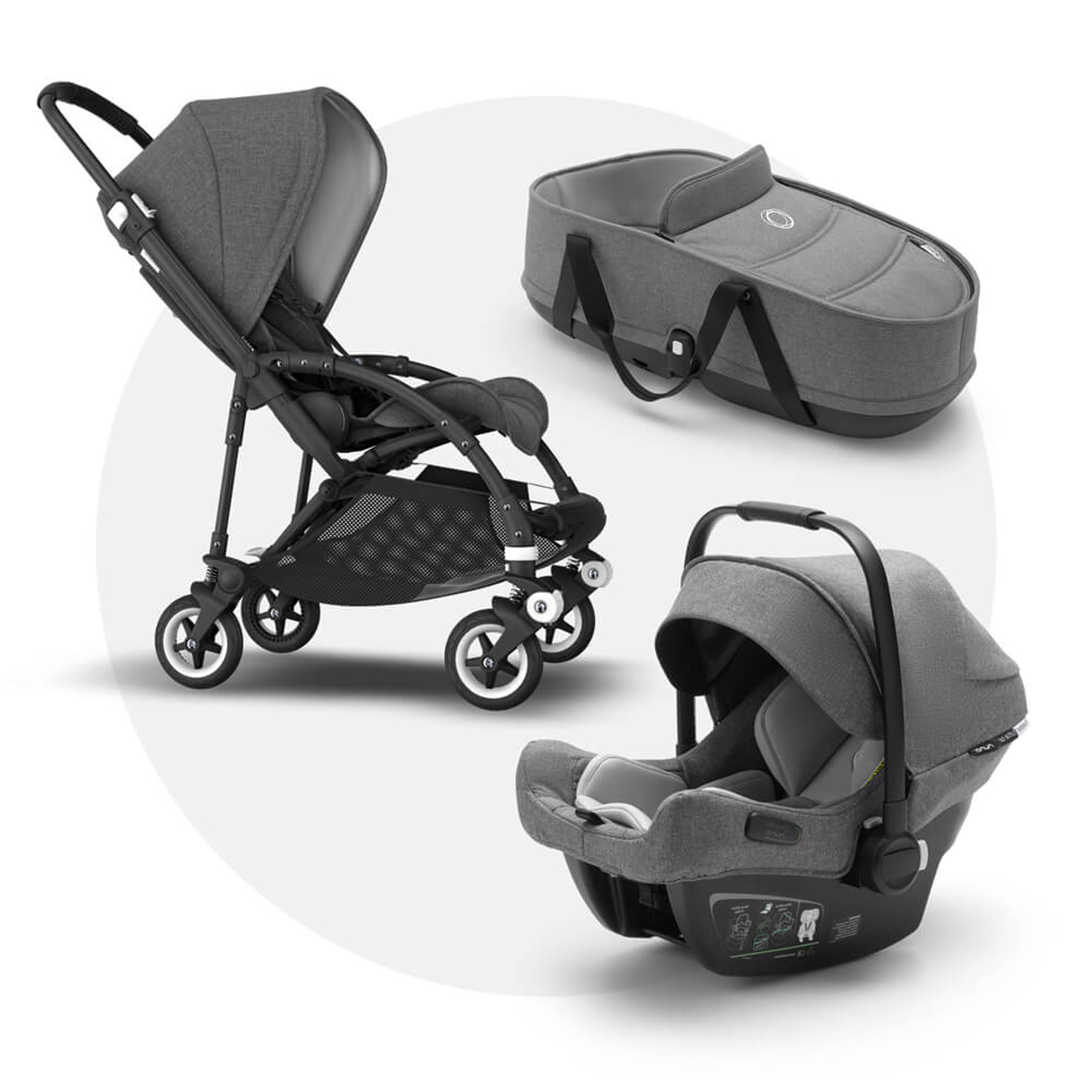 Bugaboo Bee 5 travel system grey melange sun canopy, grey melange fabrics, black base - Main Modal Image Slide 1 of 19