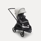Bugaboo Dragonfly seat stroller with black chassis, grey melange fabrics and misty white sun canopy.