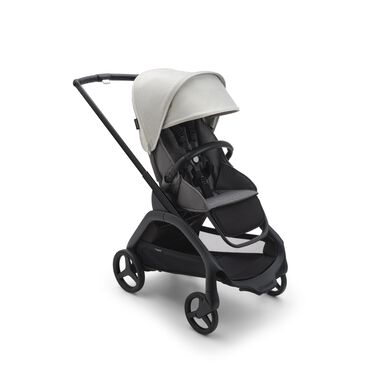 Bugaboo Dragonfly seat stroller with black chassis, grey melange fabrics and misty white sun canopy.