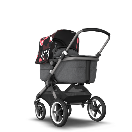 Bugaboo Fox 3 bassinet and seat stroller graphite base, grey melange fabrics, animal explorer pink/red sun canopy