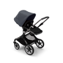 Bugaboo Fox 3 seat stroller with black frame, grey fabrics, and stormy blue sun canopy. - Thumbnail Slide 7 of 7