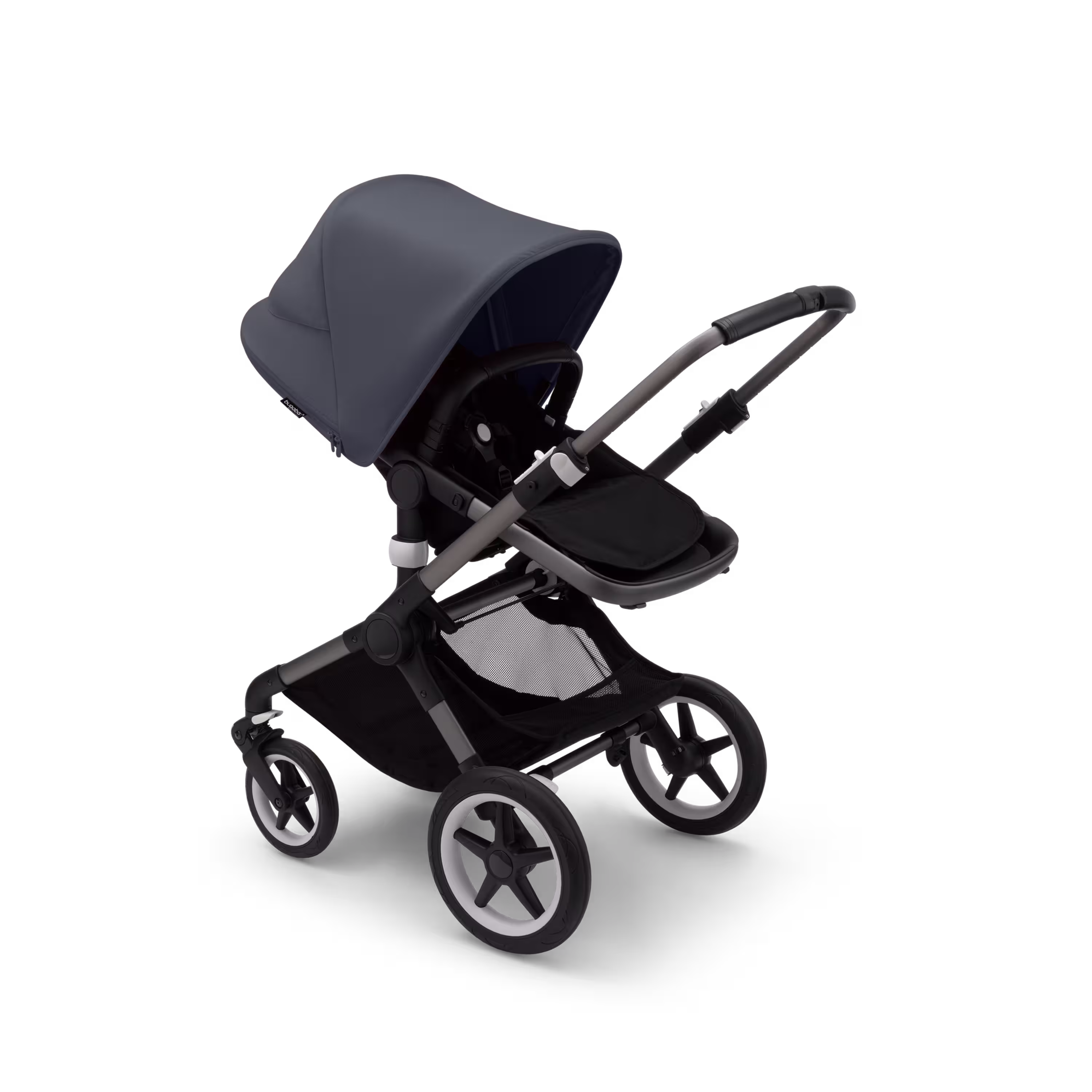 Bugaboo Fox 3 seat stroller with black frame, grey fabrics, and stormy blue sun canopy. - Main Modal Image Slide 7 of 7