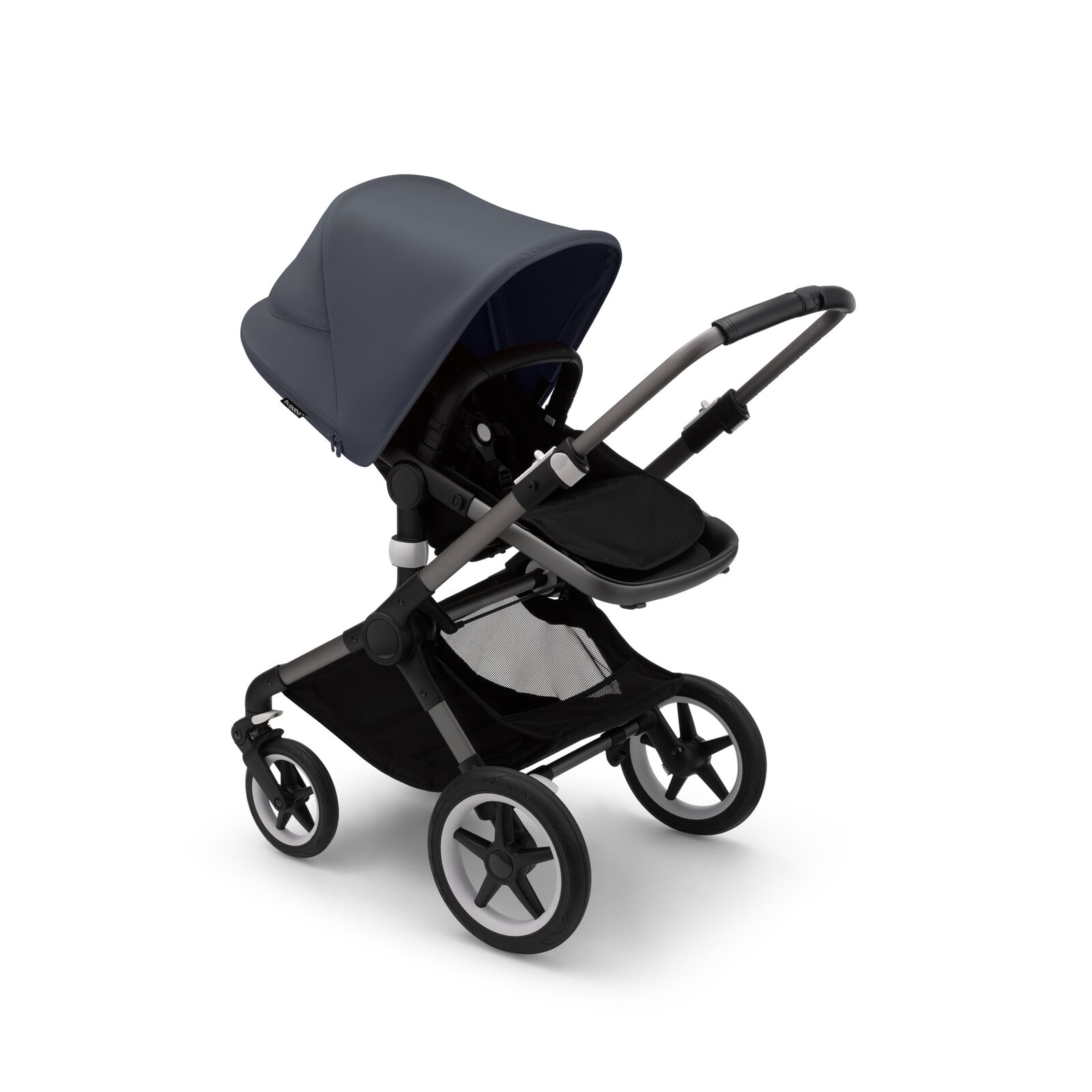 Bugaboo Fox 3 seat stroller with black frame, grey fabrics, and stormy blue sun canopy.