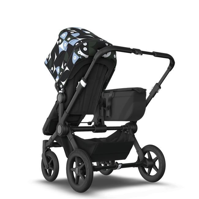 Bugaboo Donkey 5 Mono bassinet and seat stroller black base, midnight black fabrics, animal explorer green/ light blue sun canopy