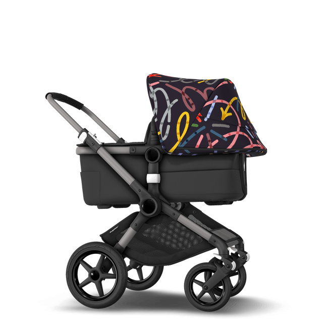 Bugaboo Fox 3 bassinet and seat stroller black base, midnight black fabrics, art of discovery dark blue sun canopy