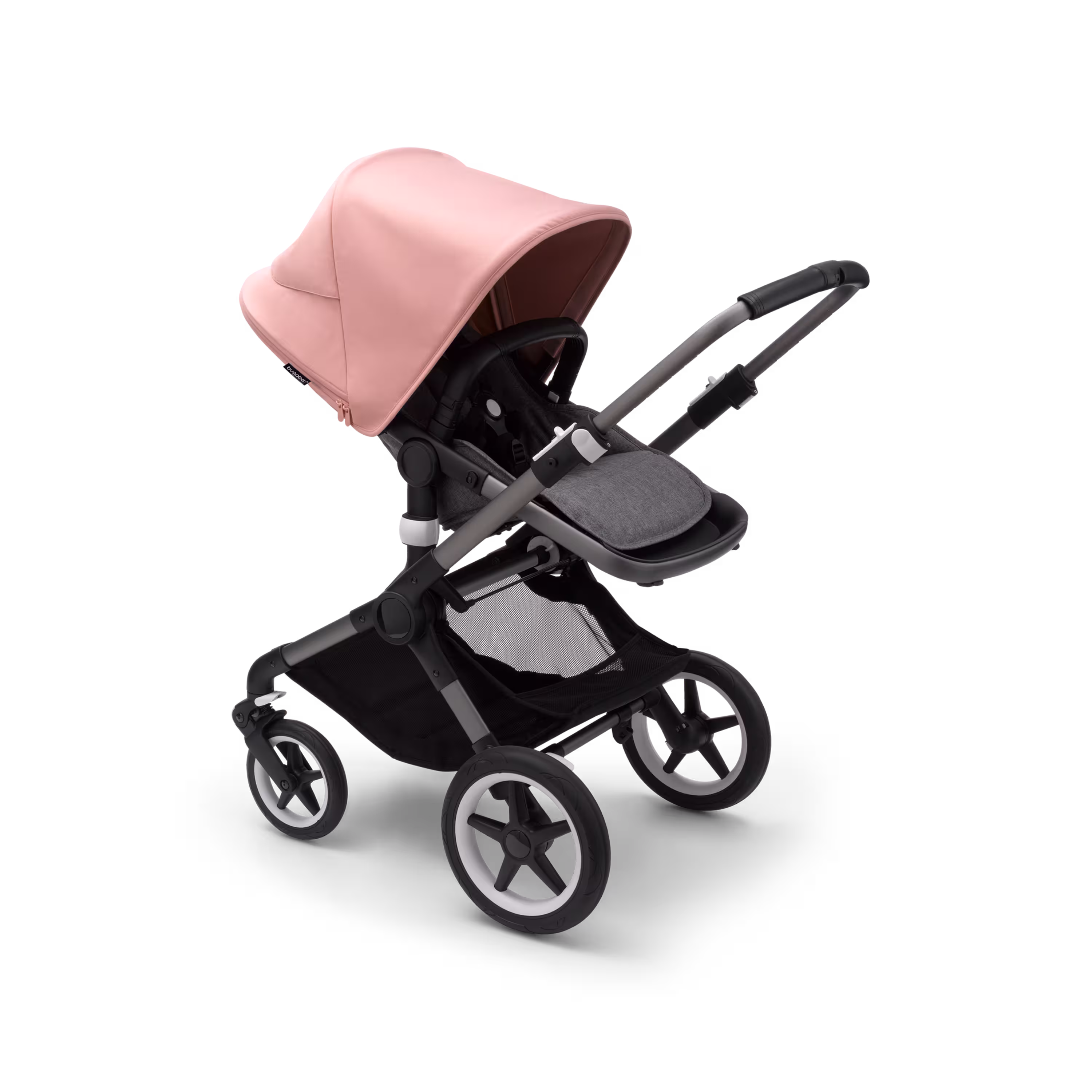 Bugaboo Fox 3 seat stroller with graphite frame, grey fabrics, and pink sun canopy. - Main Modal Image Slide 7 of 7