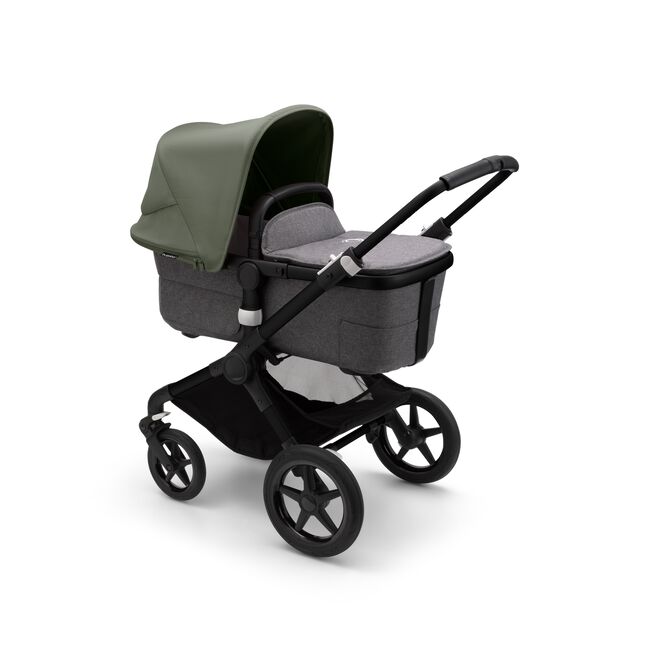 Bugaboo Fox 3 carrycot pushchair with black frame, grey melange fabrics, and forest green sun canopy. - Main Image Slide 2 of 7