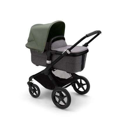Bugaboo Fox 3 carrycot pushchair with black frame, grey melange fabrics, and forest green sun canopy.