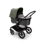 Bugaboo Fox 3 carrycot pushchair with black frame, grey melange fabrics, and forest green sun canopy. - Thumbnail Slide 2 of 7