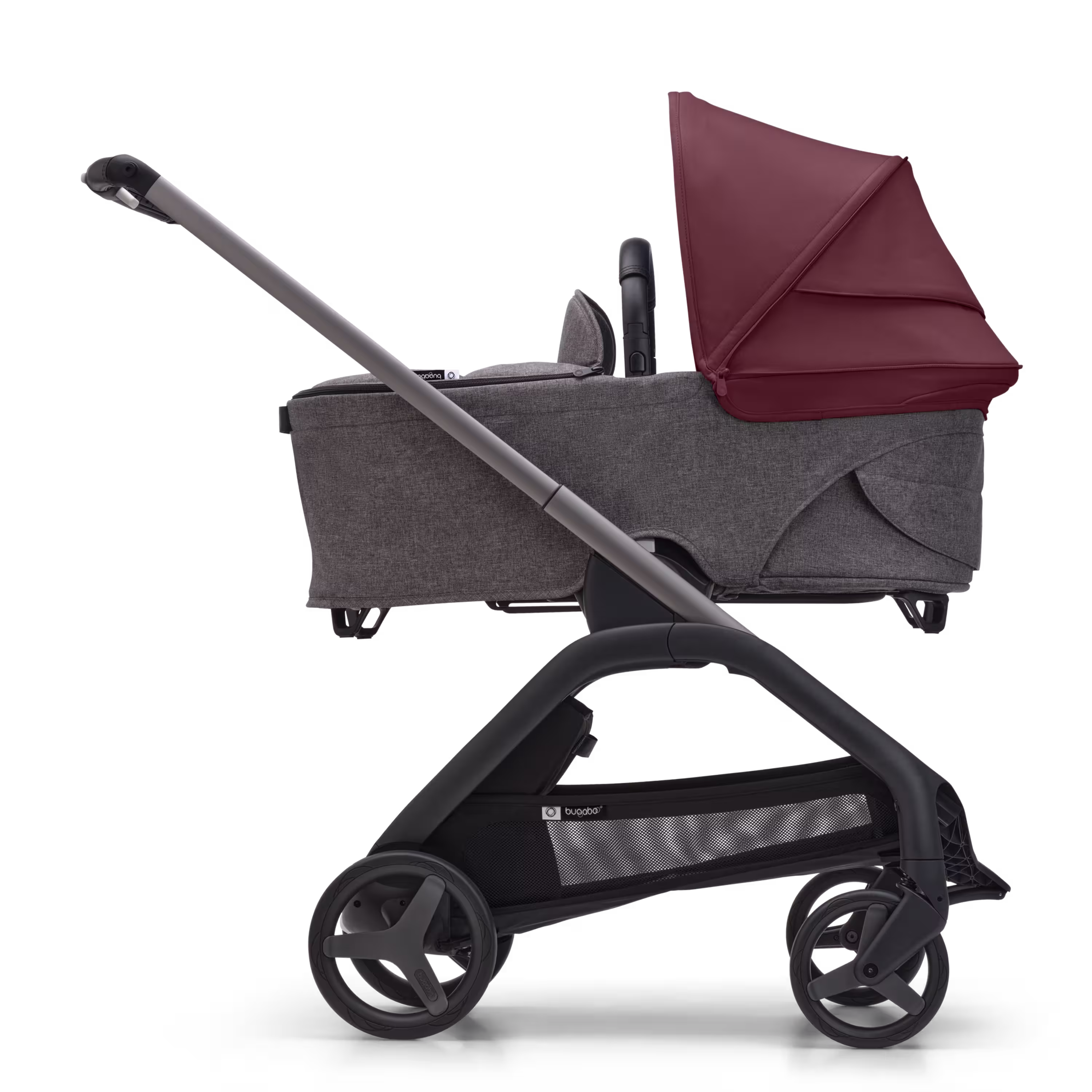Bugaboo Dragonfly 2-in-1 stroller graphite base, grey melange fabrics, dark cherry red sun canopy - Main Modal Image Slide 3 of 16
