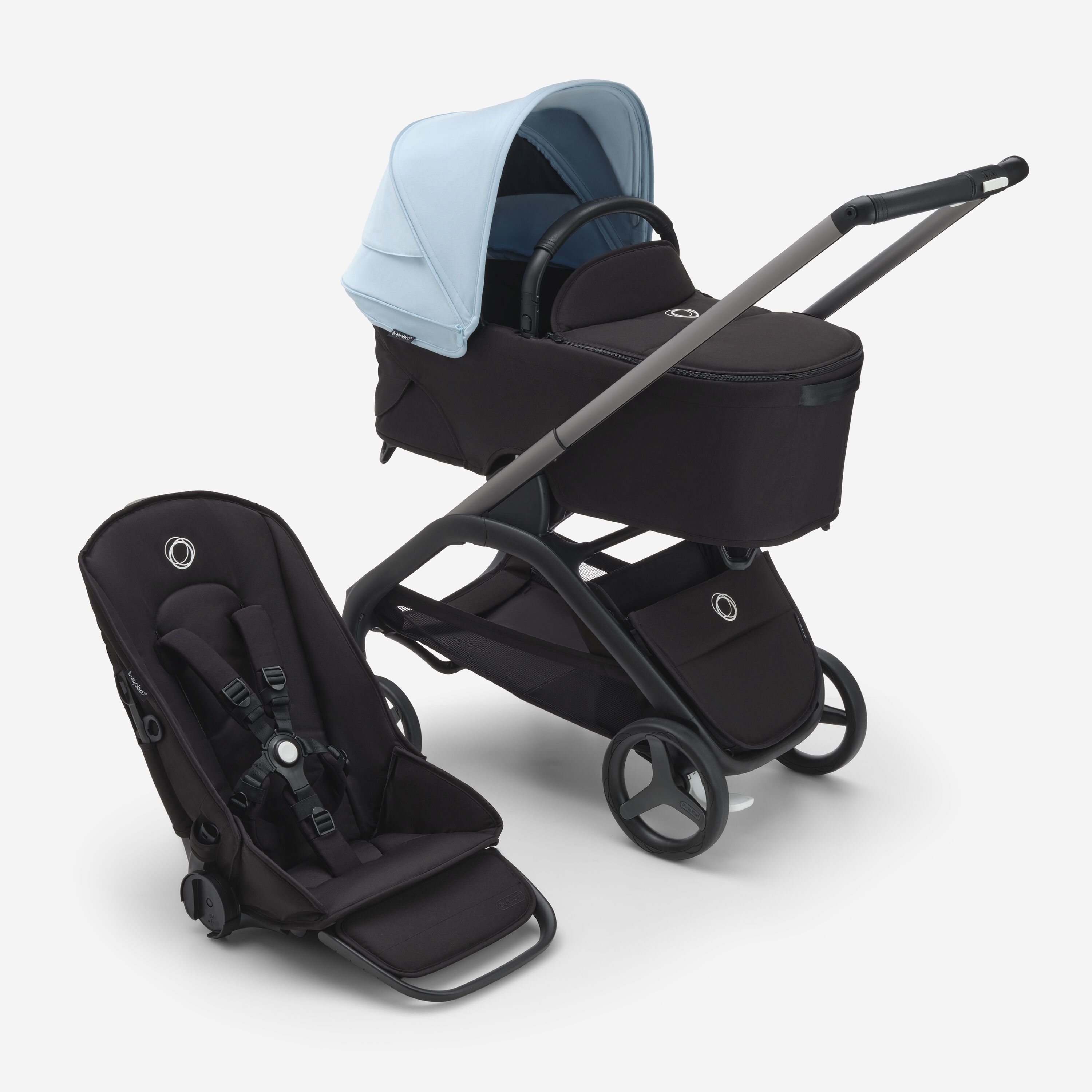 Passeggino con seduta e navicella Bugaboo Dragonfly con telaio graphite, tessuti midnight black e cappottina skyline blue. - Main Modal Image Slide 1 of 16