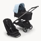 Bugaboo Dragonfly kinderwagen met wieg en stoel met graphite onderstel, midnight black bekleding en skyline blue zonnekap.