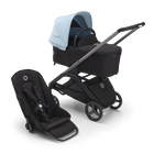 Poussette siège et nacelle Bugaboo Dragonfly avec châssis graphite, habillages nuit noire et capote bleu horizon.