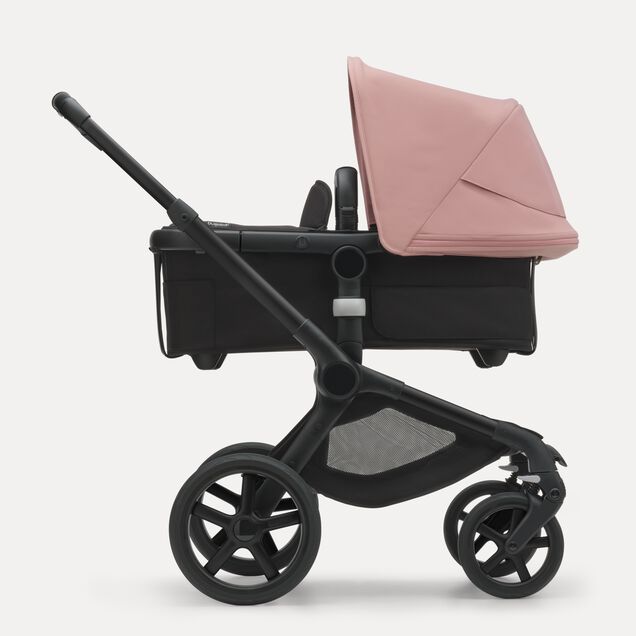 Refurbished Bugaboo Fox 5 bassinet and seat stroller black base, midnight black fabrics, morning pink sun canopy - Main Image Slide 2 of 7