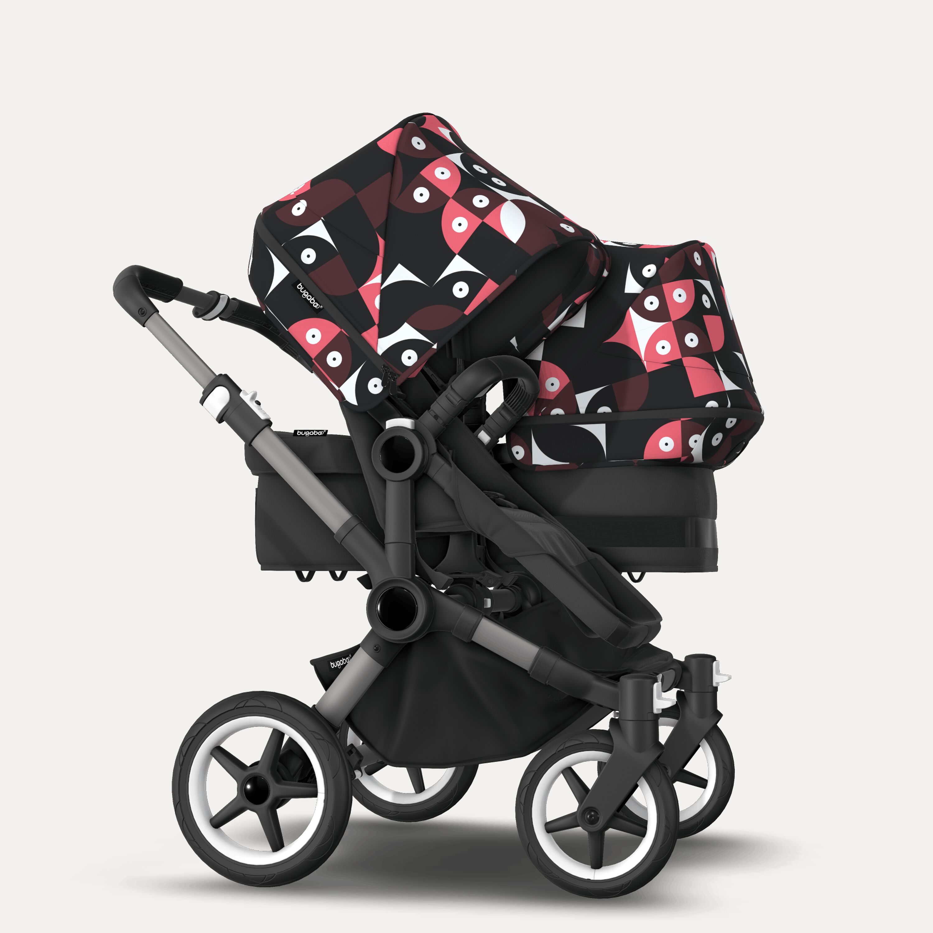 Bugaboo Donkey 5 Duo double stroller graphite base, midnight black fabrics, animal explorer pink/ red sun canopy - Main Modal Image Slide 2 of 10