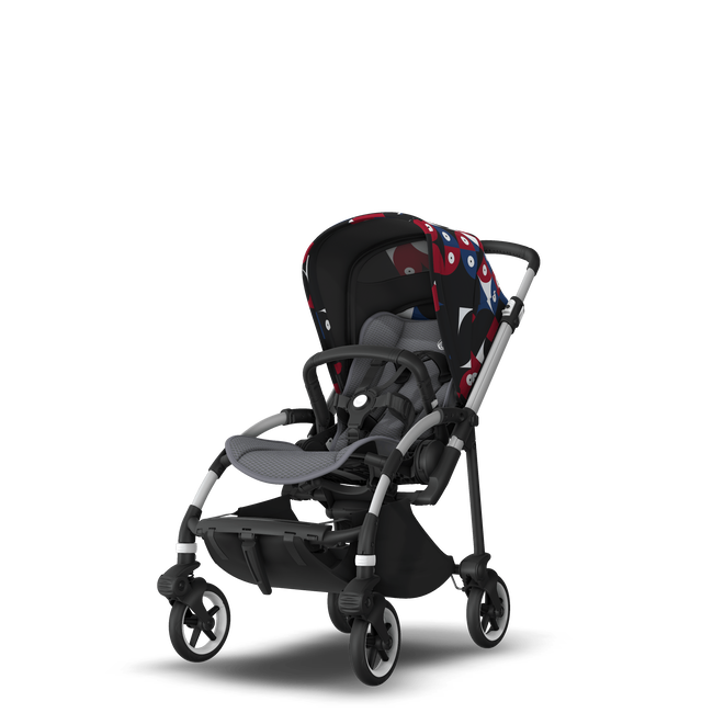 Bugaboo Bee 6 seat stroller aluminium base, grey fabrics, animal explorer red/blue sun canopy