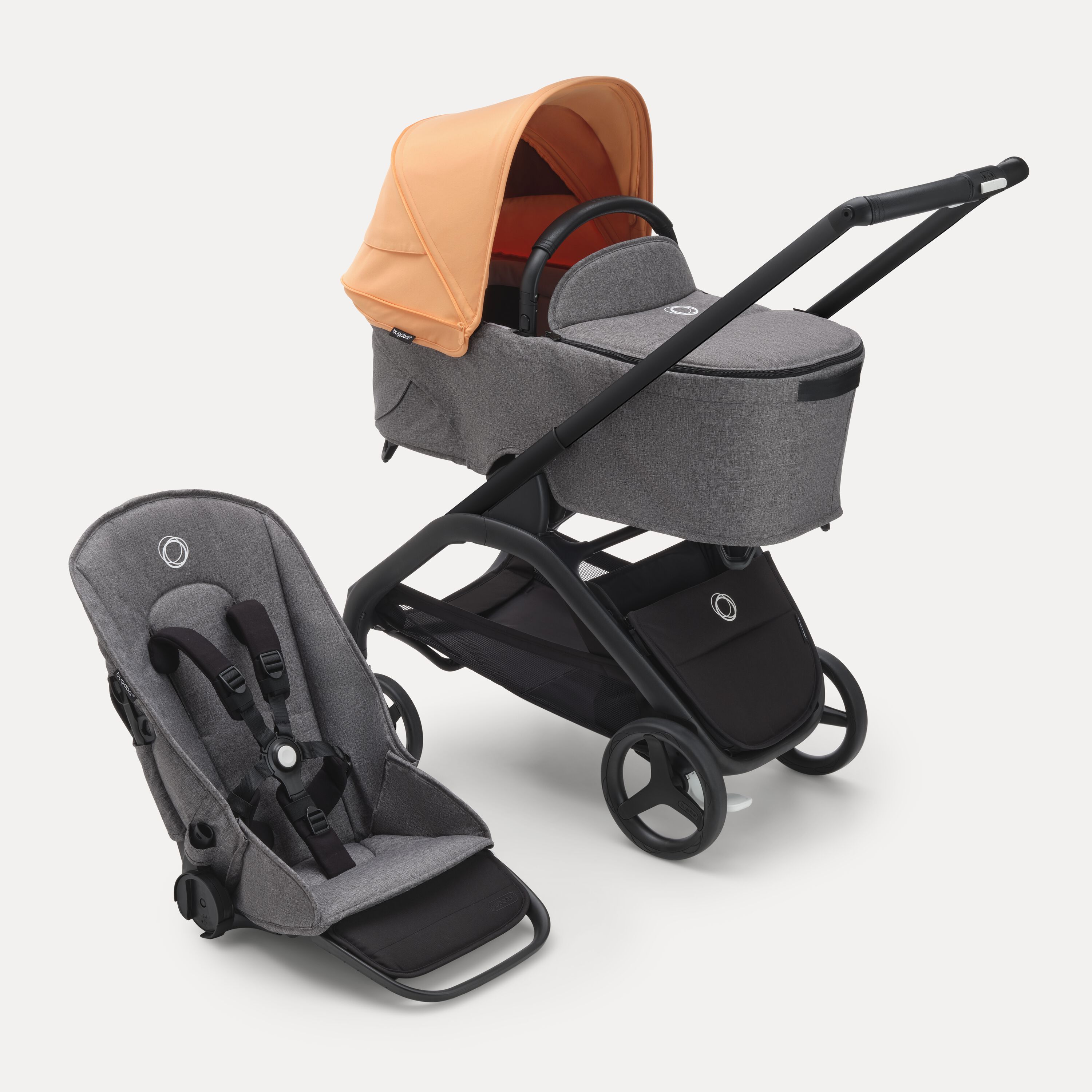 Refurbished Bugaboo Dragonfly bassinet and seat stroller black base, grey melange fabrics, island coral  sun canopy - Main Modal Image Slide 1 of 2