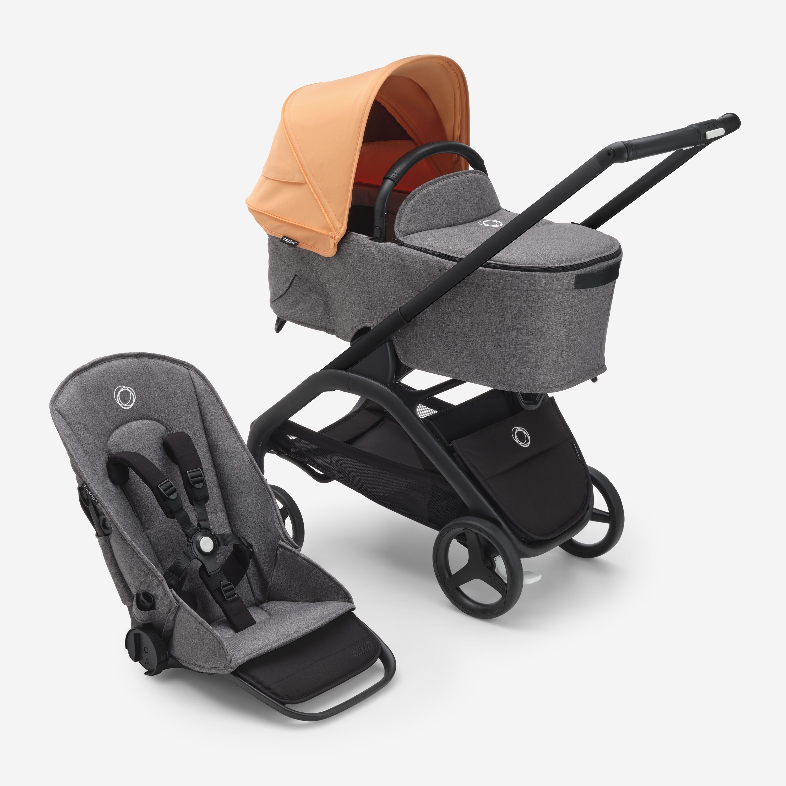 Refurbished Bugaboo Dragonfly bassinet and seat stroller black base, grey melange fabrics, island coral  sun canopy - Main Modal Image Slide 1 of 2