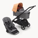 Refurbished Bugaboo Dragonfly bassinet and seat stroller black base, grey melange fabrics, island coral  sun canopy