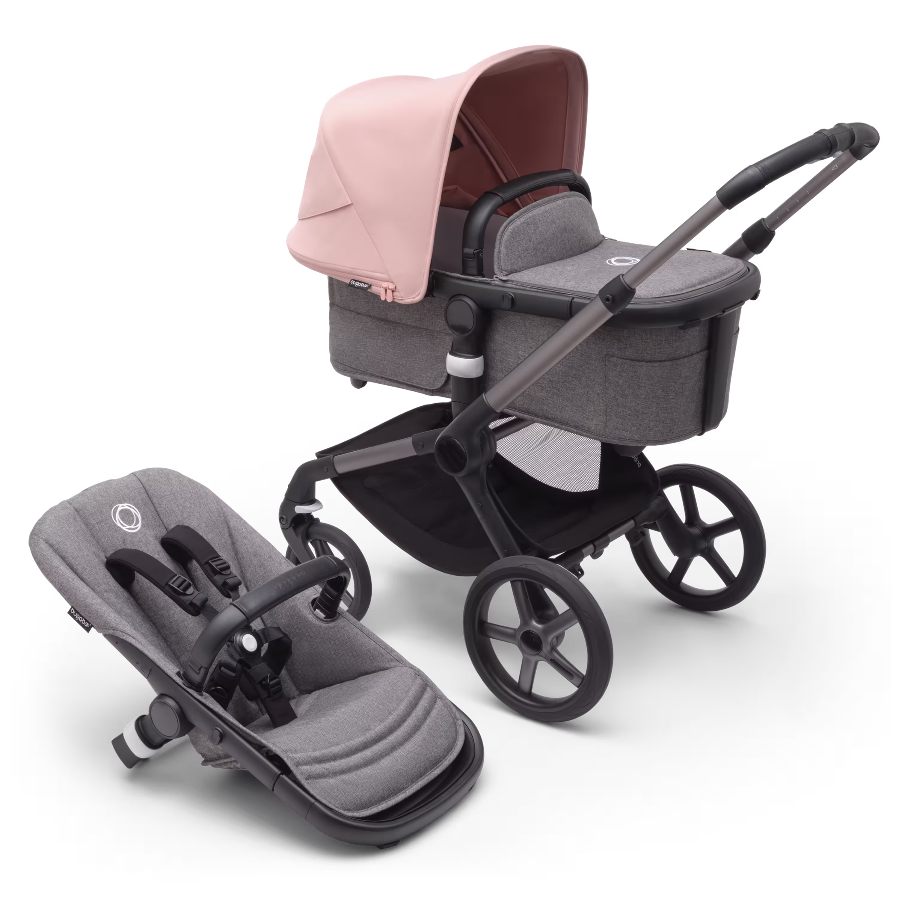 Bugaboo Fox 5 carrycot and seat pushchair with graphite chassis, grey melange fabrics and morning pink sun canopy. - Main Modal Image Slide 1 of 13