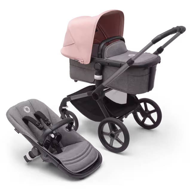 Bugaboo Fox 5 carrycot and seat pushchair with graphite chassis, grey melange fabrics and morning pink sun canopy. - Main Image Slide 1 of 13