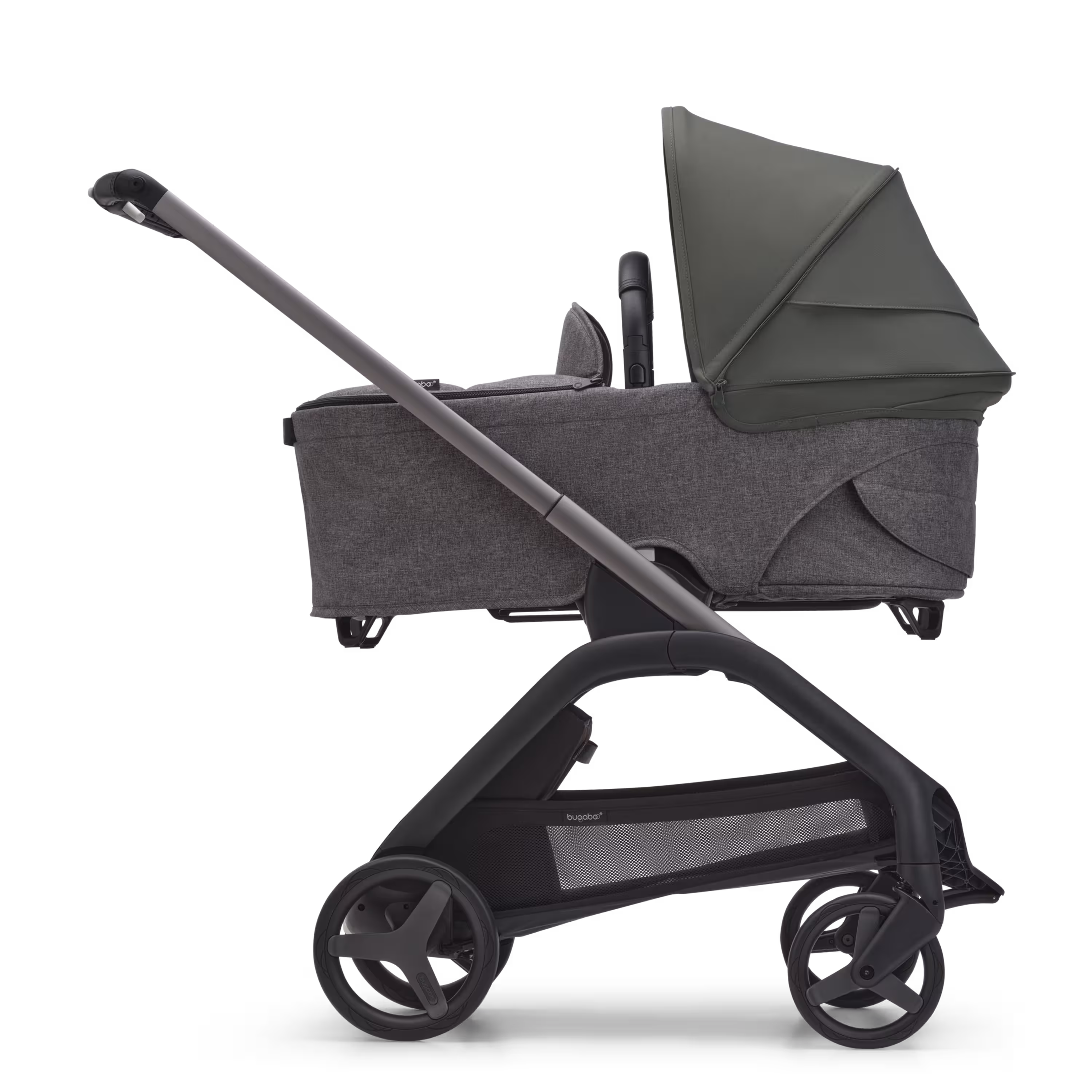 Refurbished Bugaboo Dragonfly bassinet and seat stroller graphite base, grey melange fabrics, forest green sun canopy - Main Modal Image Slide 3 of 11