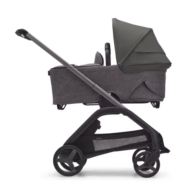 Refurbished Bugaboo Dragonfly bassinet and seat stroller graphite base, grey melange fabrics, forest green sun canopy - Main Image Slide 3 of 11