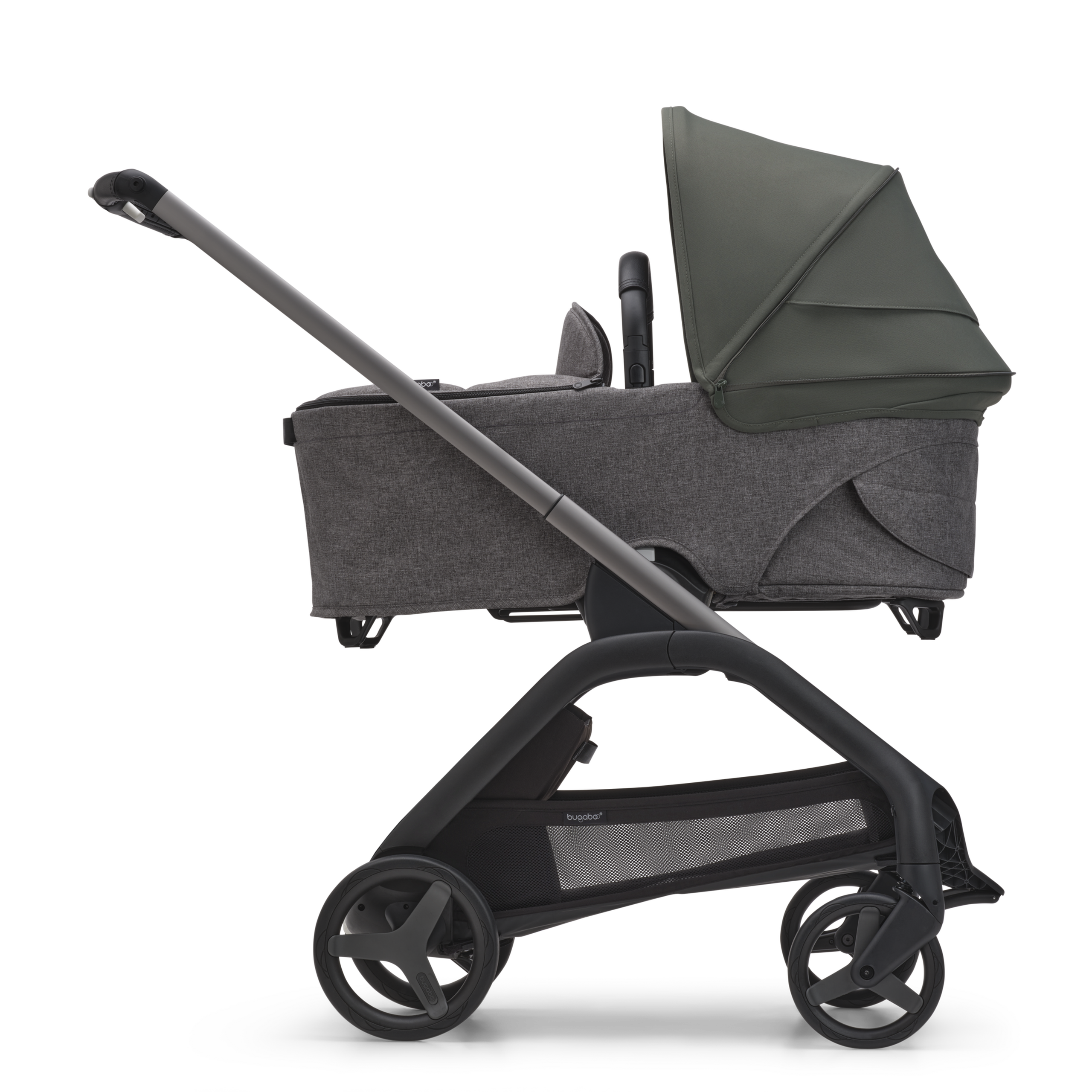 Refurbished Bugaboo Dragonfly bassinet and seat stroller graphite base, grey melange fabrics, forest green sun canopy - Thumbnail Slide 3 of 11