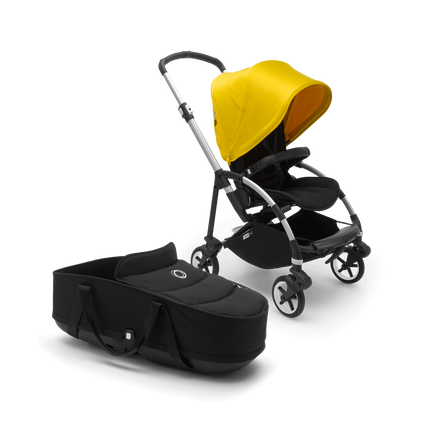 Bugaboo Bee 6 bassinet and seat stroller lemon yellow sun canopy, black fabrics, aluminium base