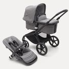 Poussette siège et nacelle Bugaboo Fox 5 avec châssis noir, habillages gris chiné et capote gris chiné.