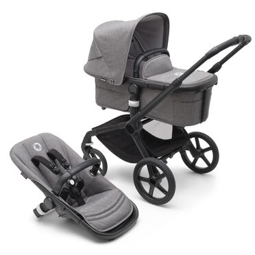 Bugaboo Fox 5 bassinet and seat stroller with black chassis, grey melange fabrics and grey melange sun canopy.