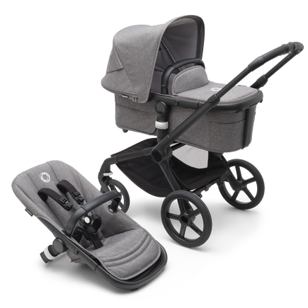 Bugaboo Fox 5 bassinet and seat stroller with black chassis, grey melange fabrics and grey melange sun canopy.