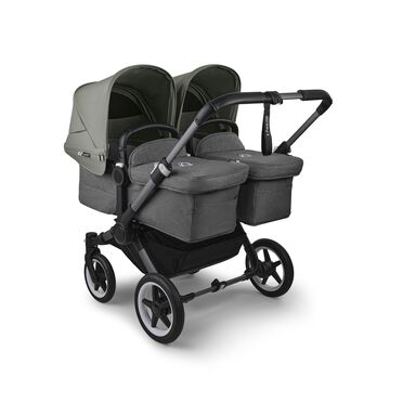 Bugaboo Donkey 5 twin stroller graphite base, grey mélange fabrics, forest green sun canopy
