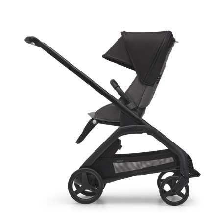 Side view of the Bugaboo Dragonfly seat stroller with black chassis, grey melange fabrics and midnight black sun canopy.